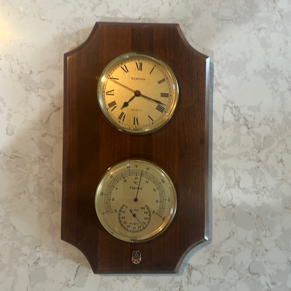 Vintage Hampton Wall Hanging Quartz Clock & Thermometer Wood Brass